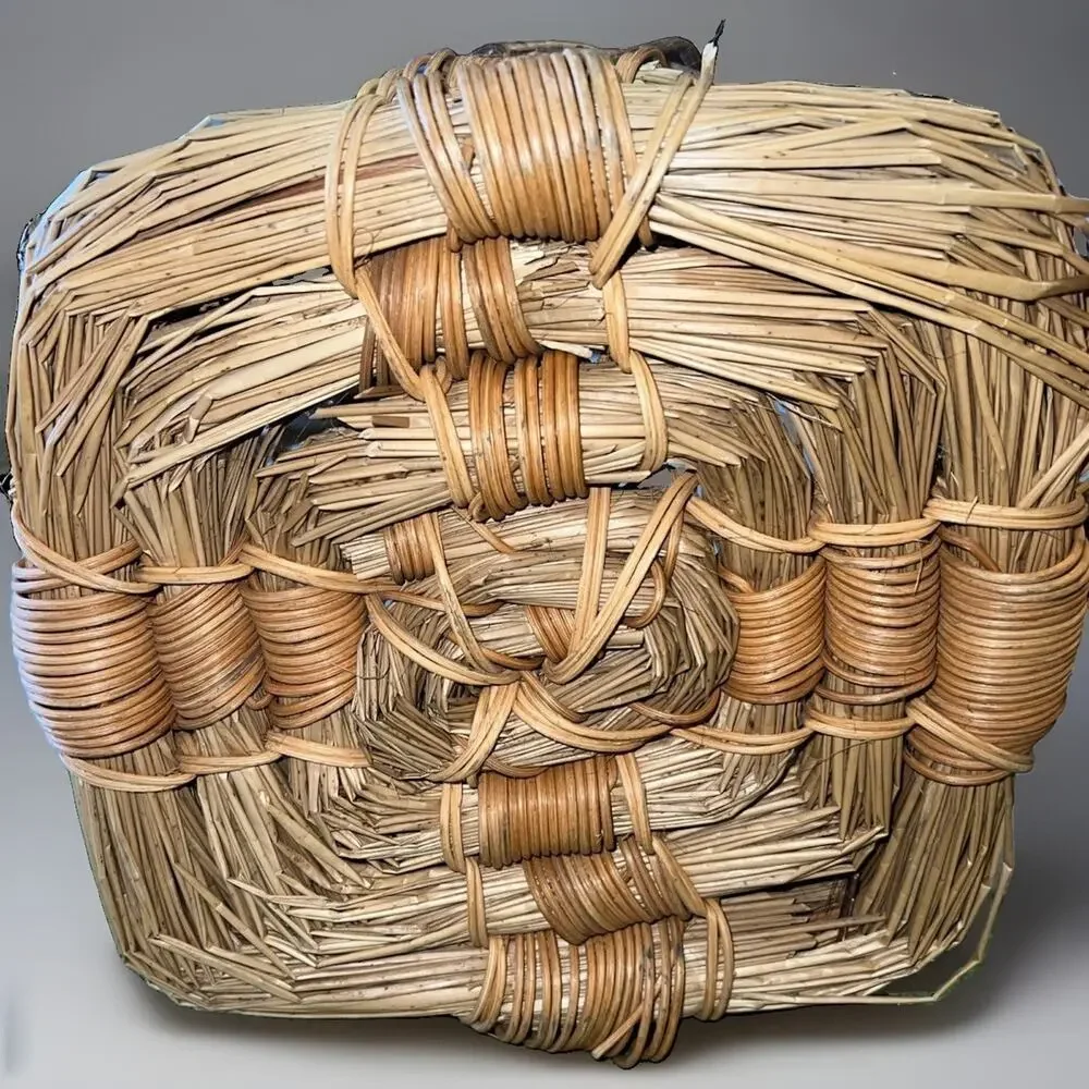 Artisan Vtg Rustic Handwoven Basket Vine Handle Dragonfly Woodland Whimsical